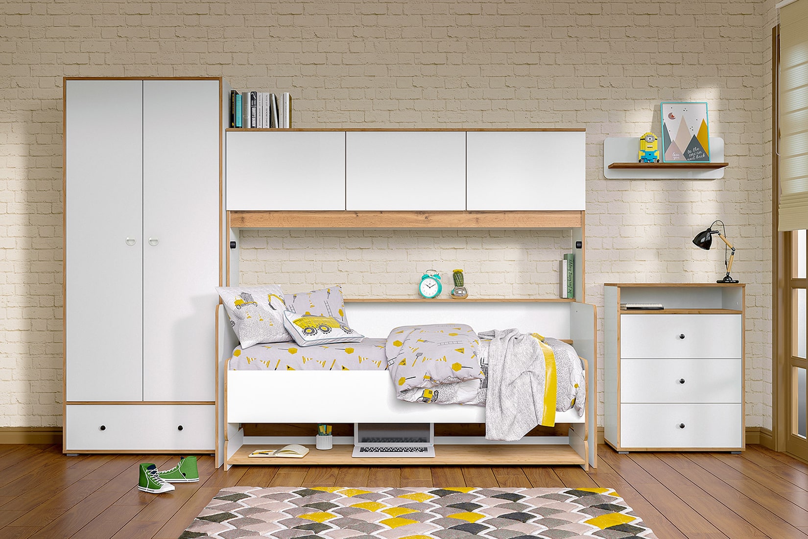 Вуди молодёжная комната Белый премиум/Дуб крафт золотой/Саванна латте