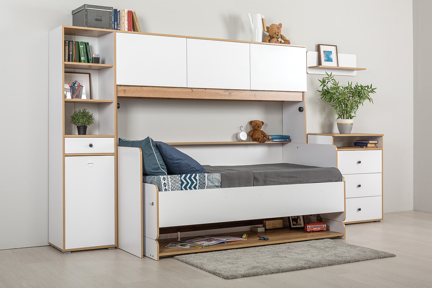 Вуди молодёжная комната Белый премиум/Дуб крафт золотой/Саванна латте