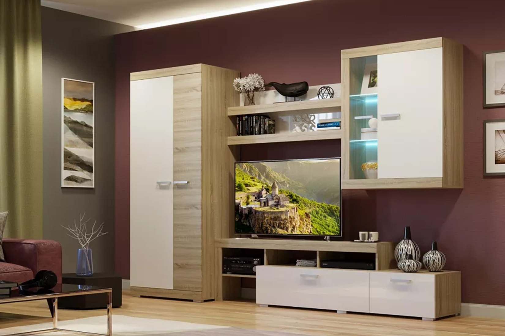 Соната спальня/гостиная модульная Дуб сонома/Белый глянец