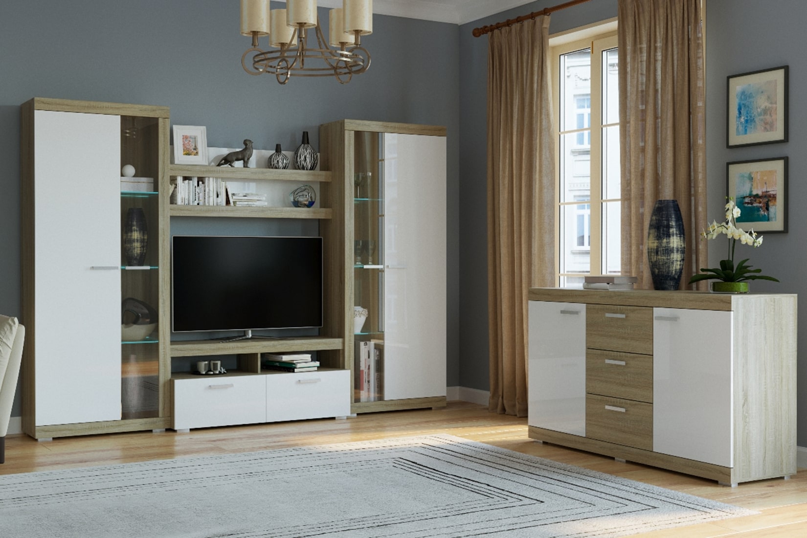 Соната спальня/гостиная модульная Дуб сонома/Белый глянец