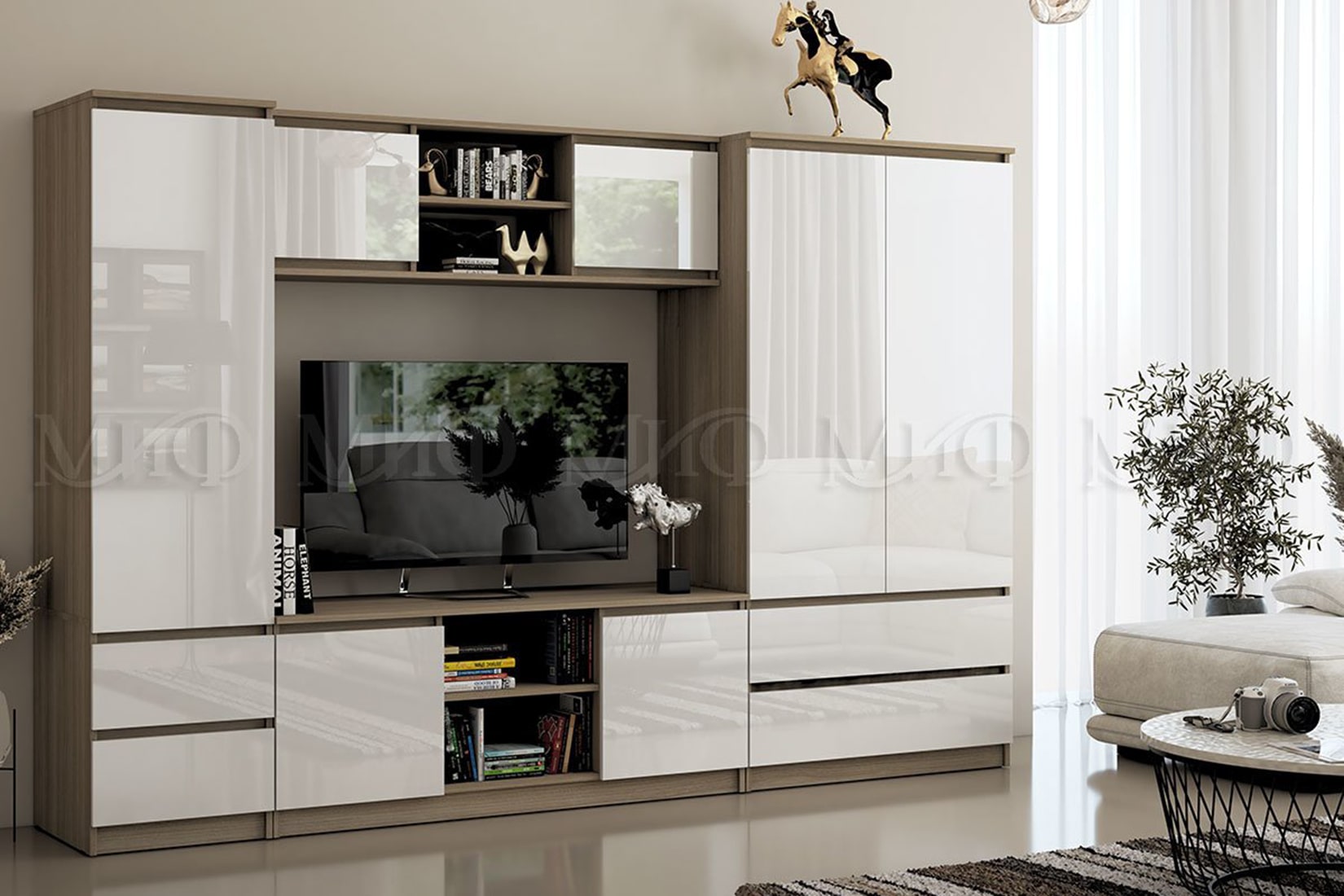 Челси спальня/гостиная модульная Дуб Сонома/Белый глянец