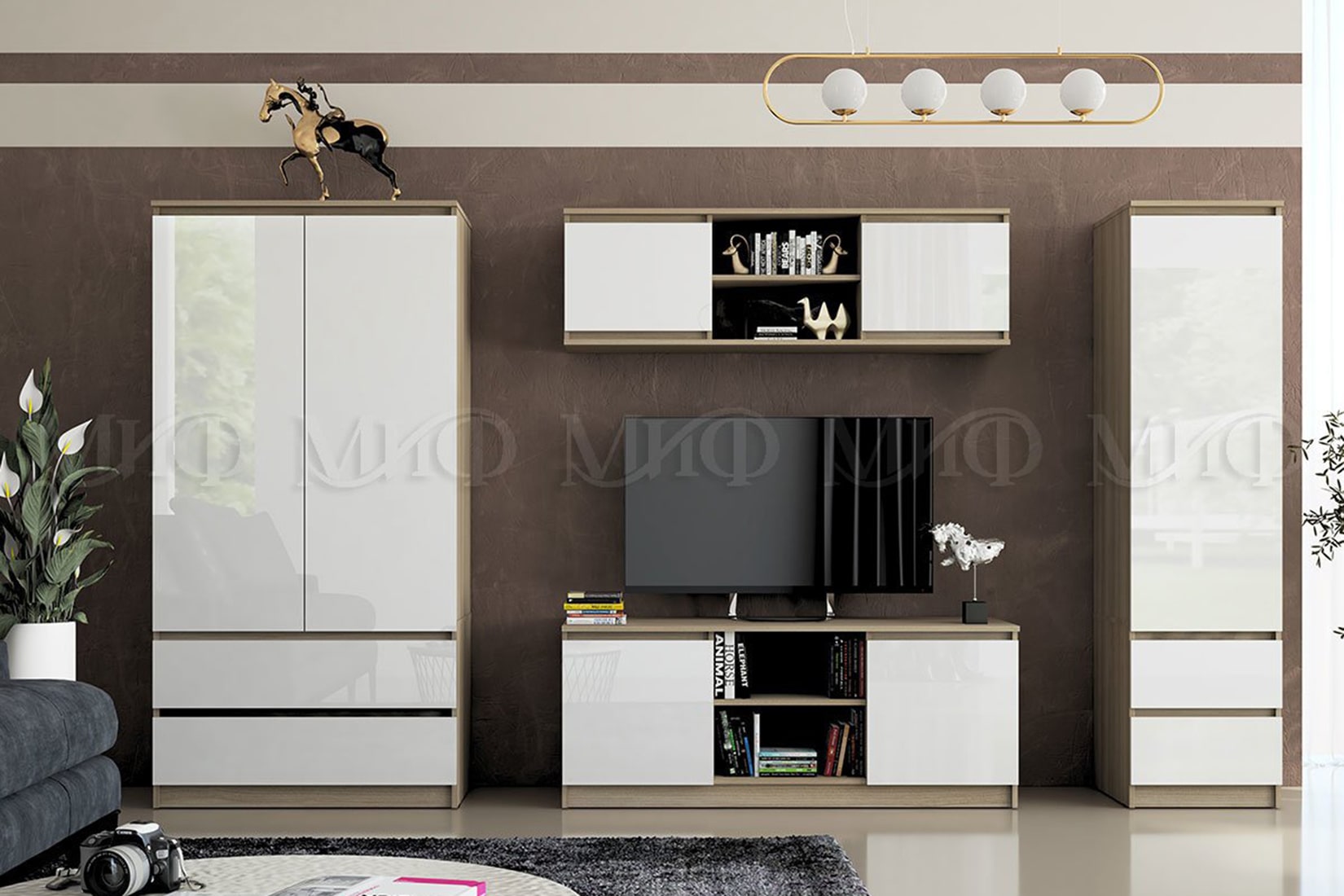 Челси спальня/гостиная модульная Дуб Сонома/Белый глянец