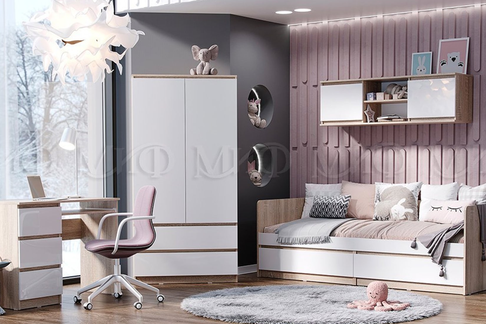 Челси спальня/гостиная модульная Дуб Сонома/Белый глянец