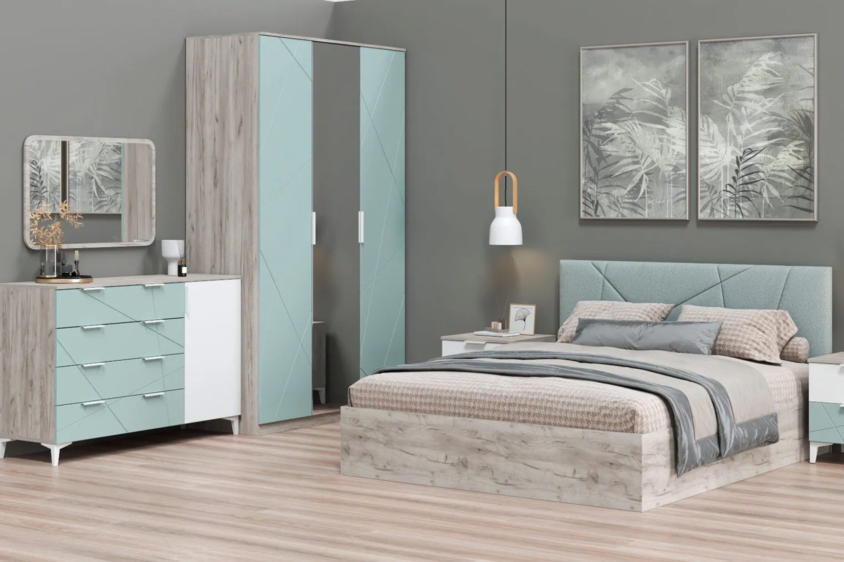 Лагуна спальня модульная Серо-голубой/Белый снег софт/Дуб серый