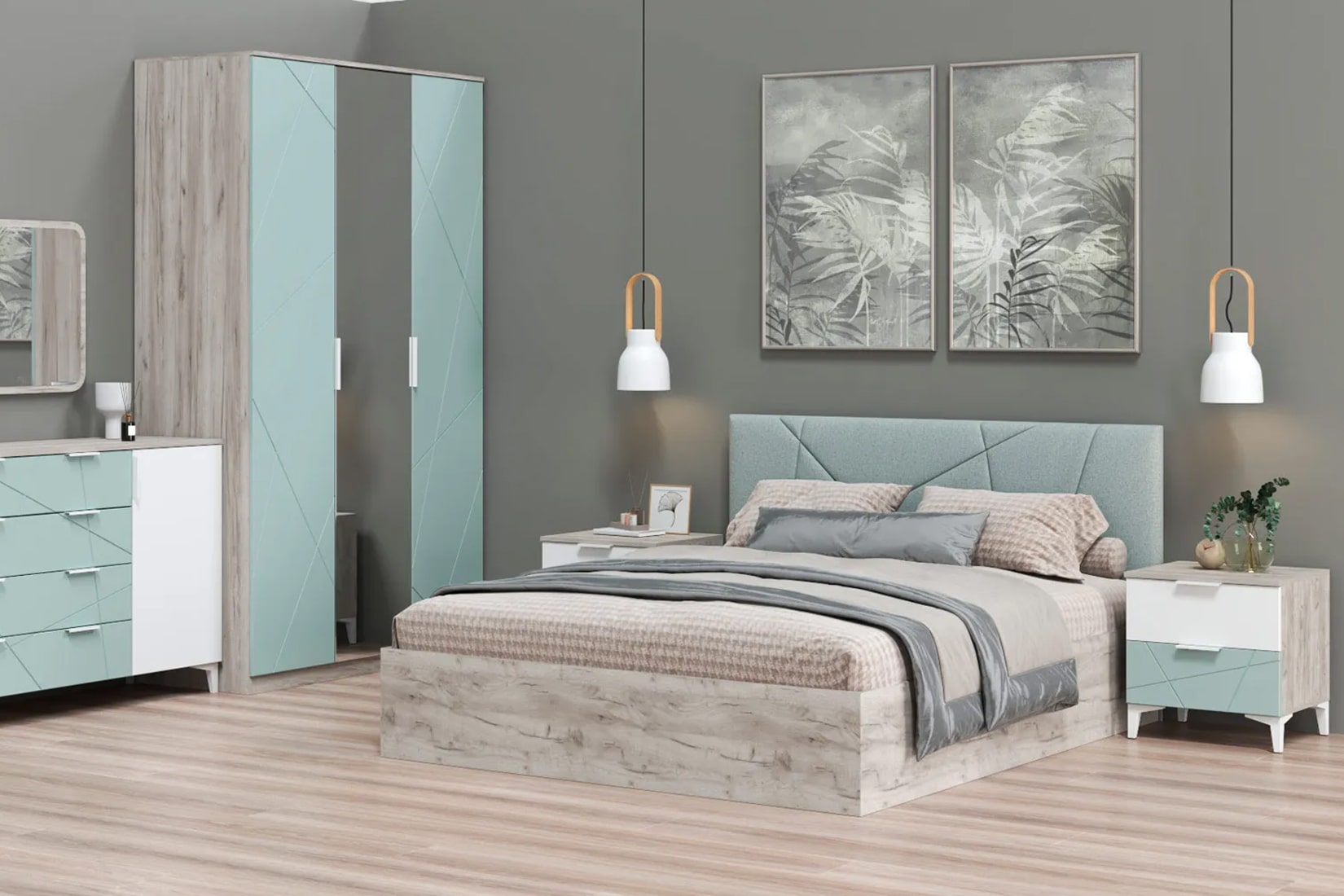Лагуна спальня модульная Серо-голубой/Белый снег софт/Дуб серый