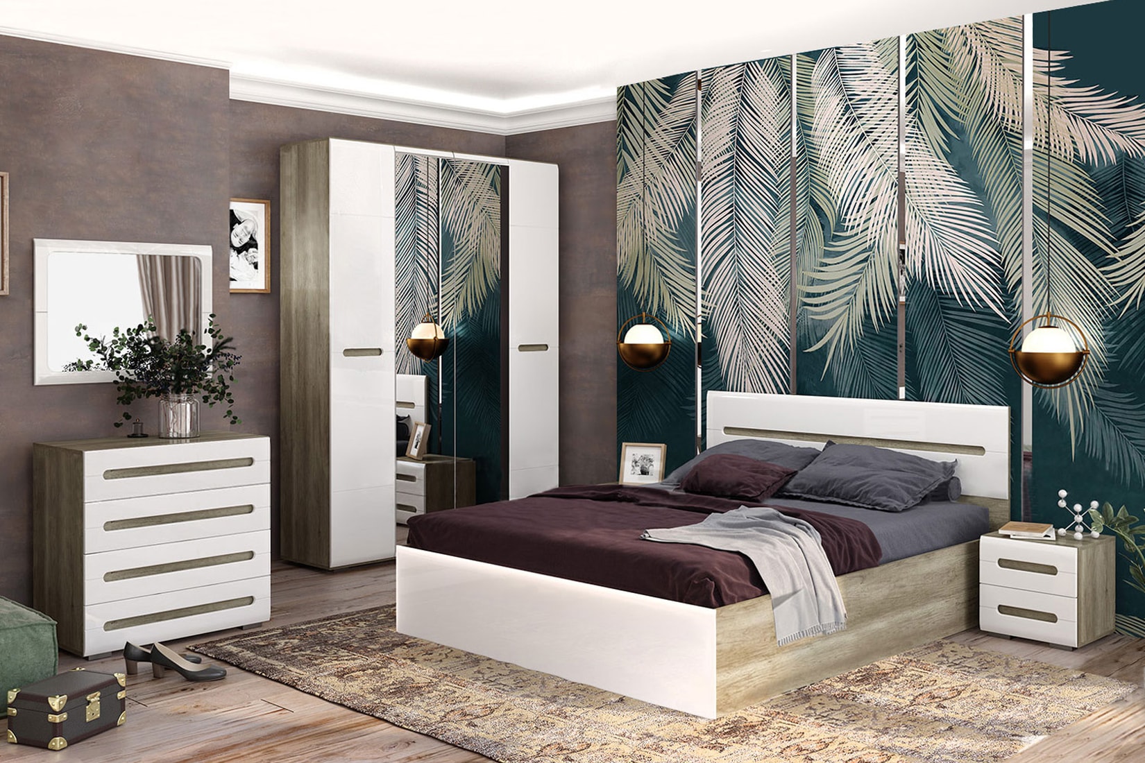 Наоми спальня/детская и гостиная Белый глянец/Дуб каньон (BTS)