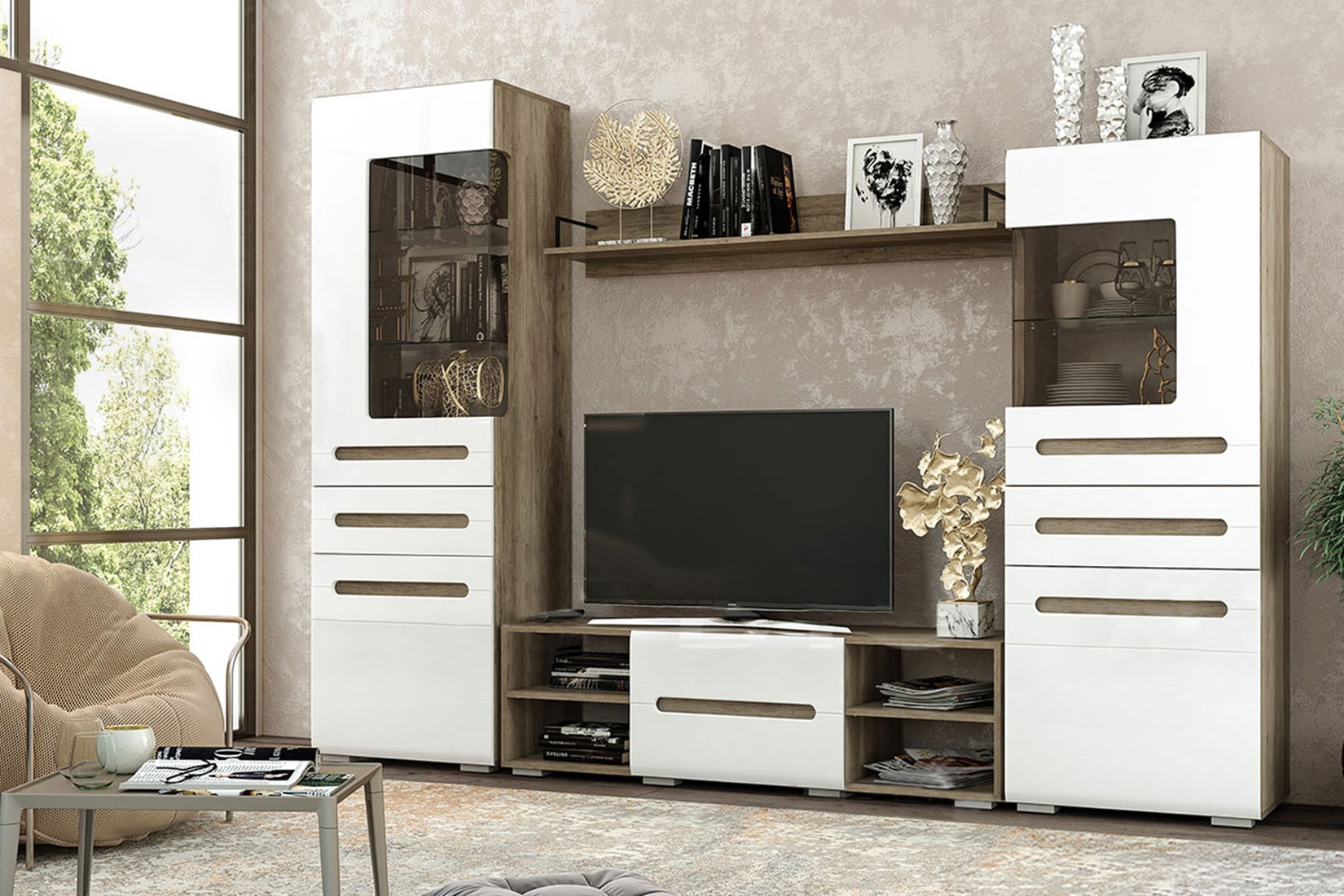 Наоми спальня/детская и гостиная Белый глянец/Дуб каньон (BTS)