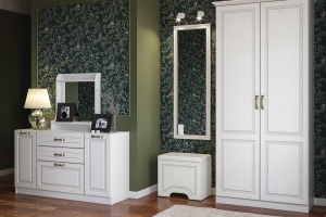 Ливерпуль Пуф на колёсах с высоким зеркалом 14.02 + 03.242 Ясень ваниль/Белый/Эко-кожа гранд белый