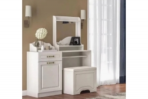 Ливерпуль  Стол туалетный с пуфом,  зеркалом и настольной полкой Ясень ваниль/Белый