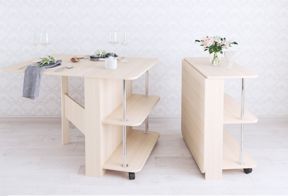 Стол кухонный раскладной с полками, дуб молочный