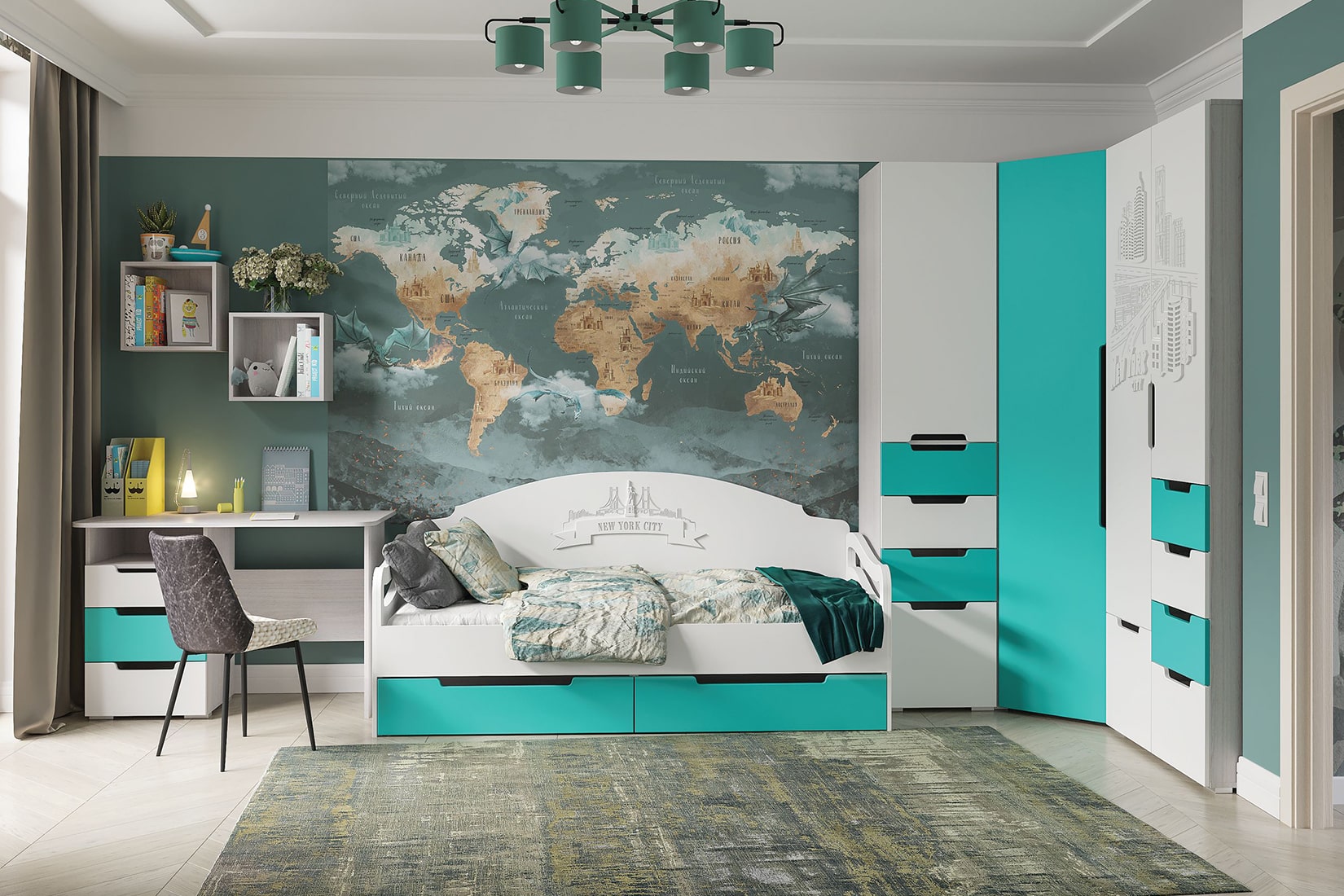 Миа детская комната Бирюзовый металлик матовый/Дуб Анкор светлый