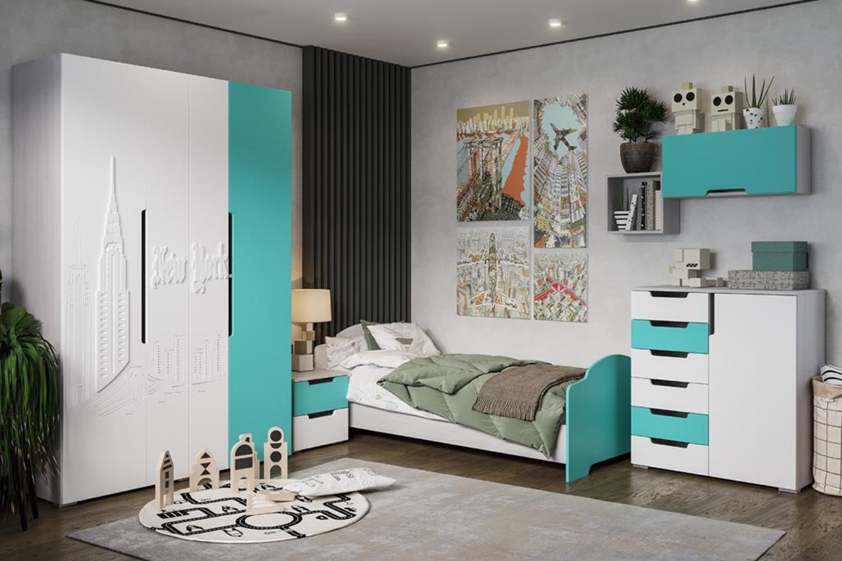 Миа детская комната Бирюзовый металлик матовый/Дуб Анкор светлый