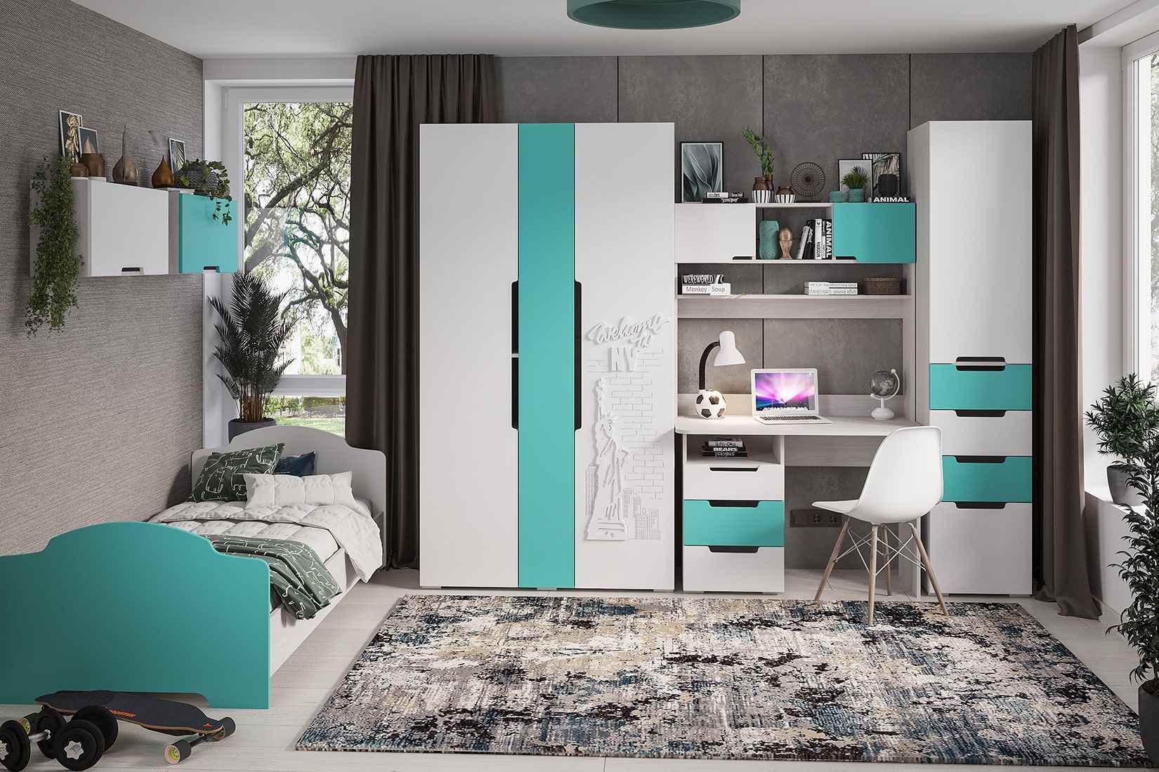 Миа детская комната Бирюзовый металлик матовый/Дуб Анкор светлый