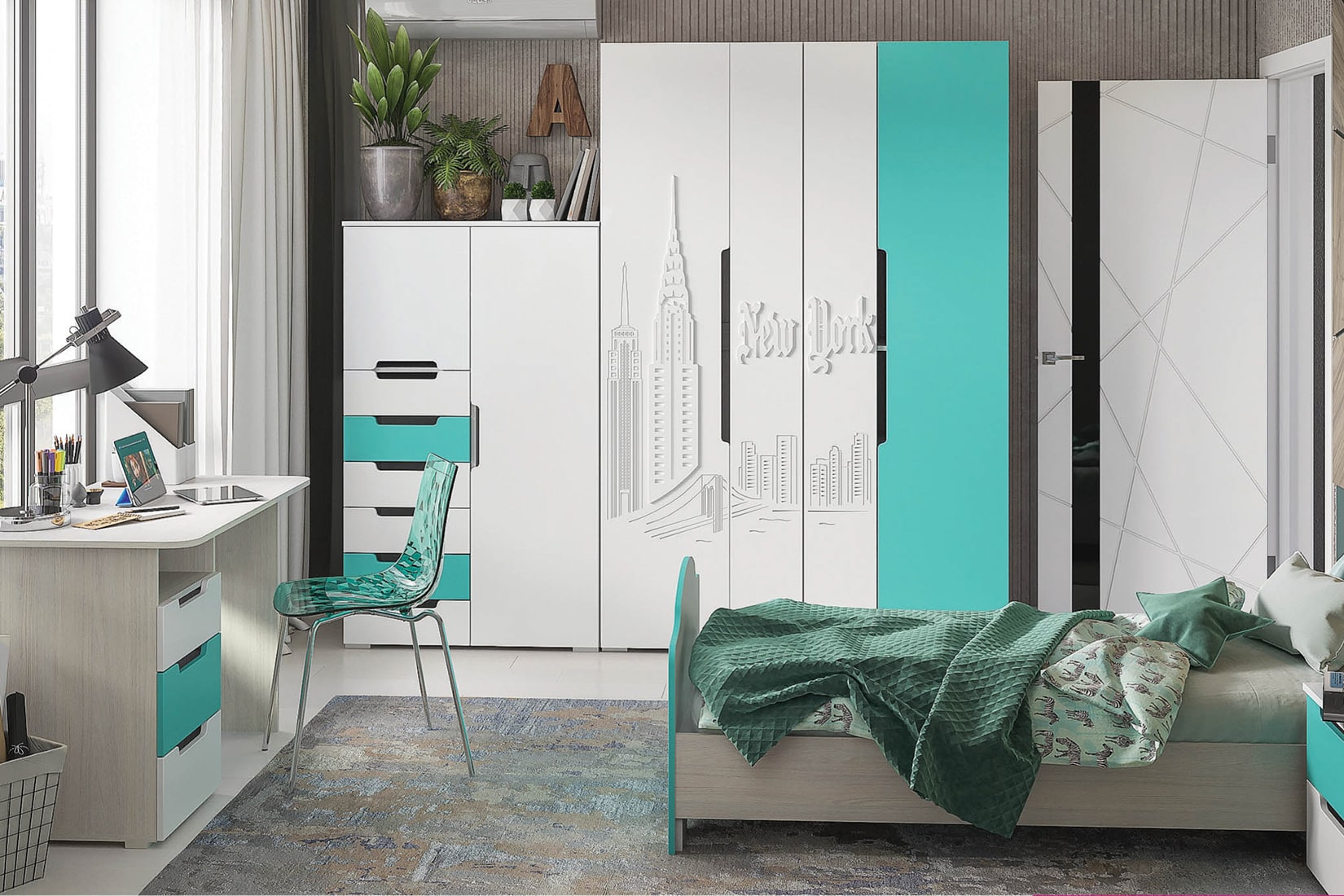 Миа детская комната Бирюзовый металлик матовый/Дуб Анкор светлый