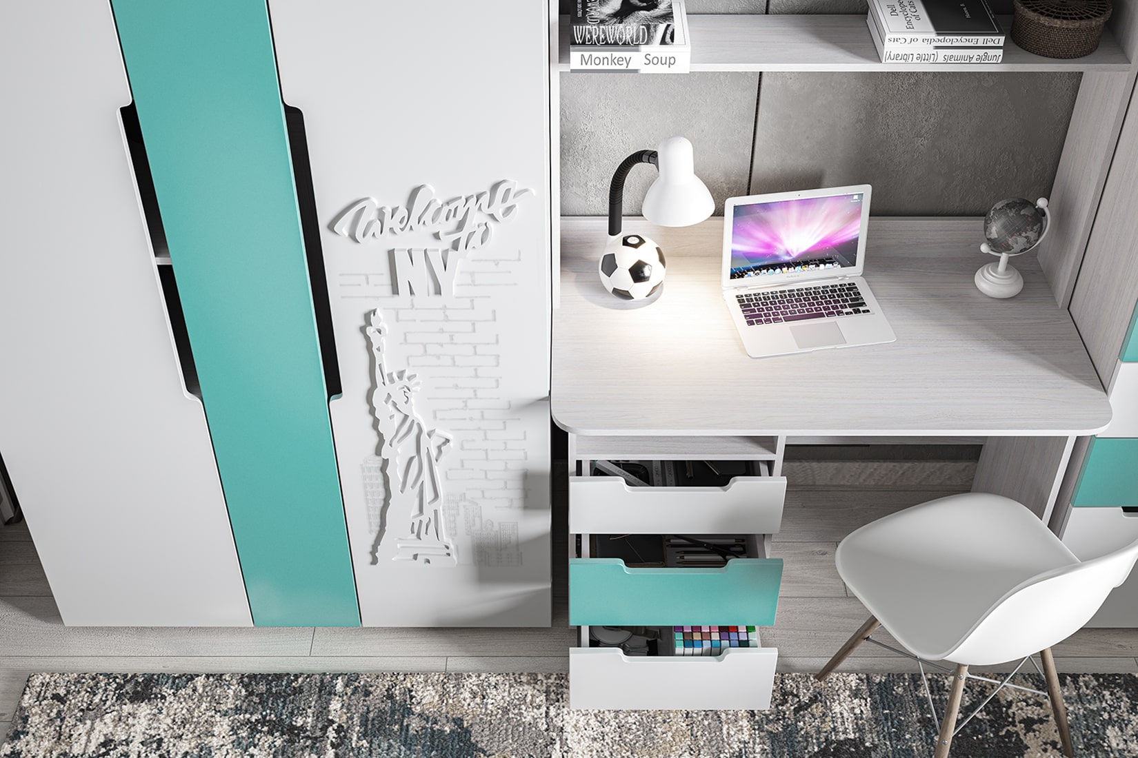 Миа детская комната Бирюзовый металлик матовый/Дуб Анкор светлый