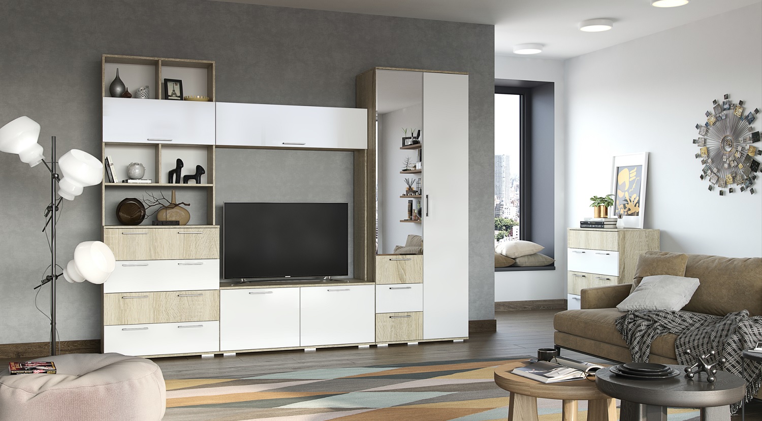 Белладжио Гостиная Комплект 3 Дуб сонома/Белый