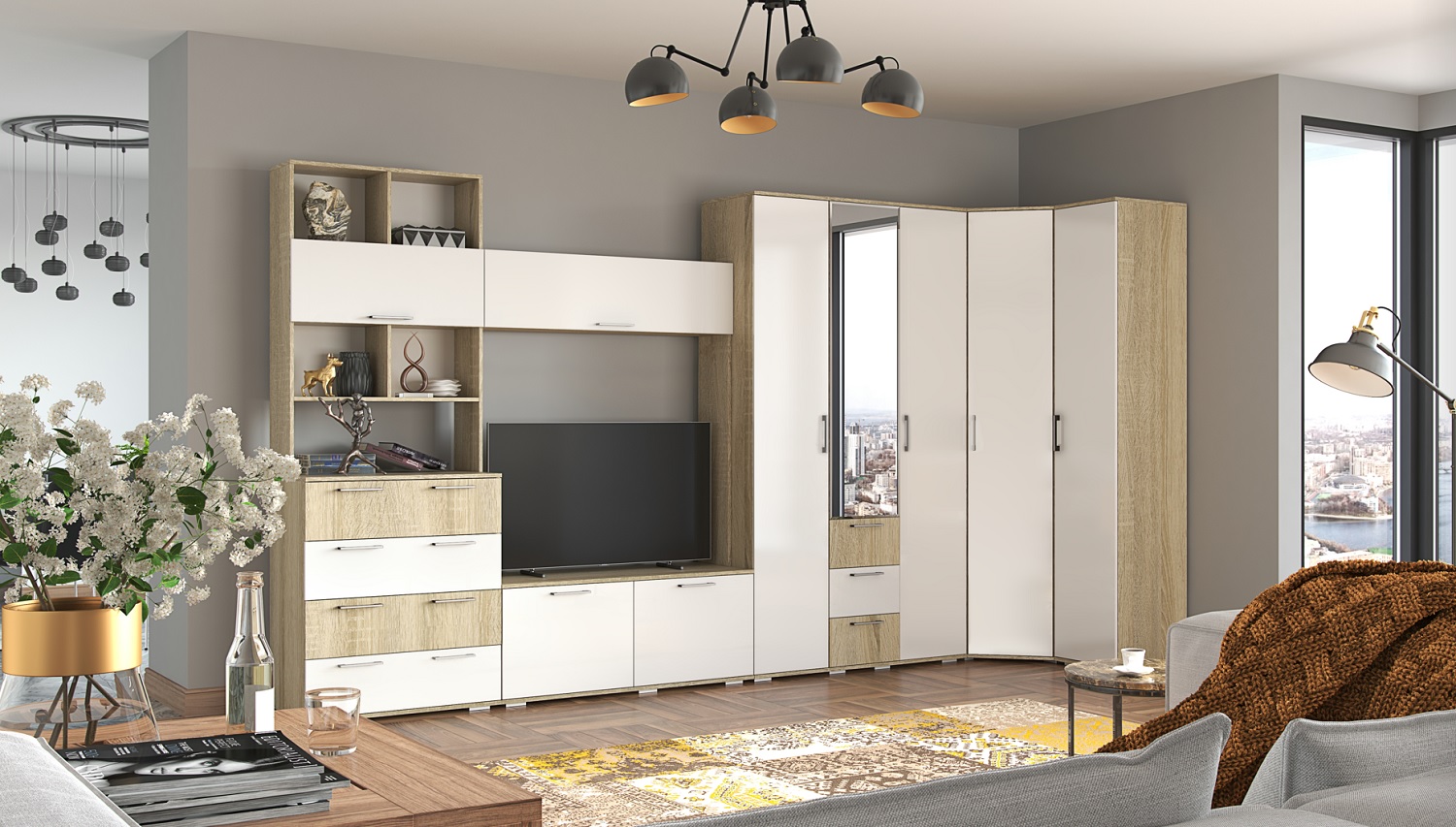 Белладжио Гостиная Комплект 5 Дуб сонома/Белый