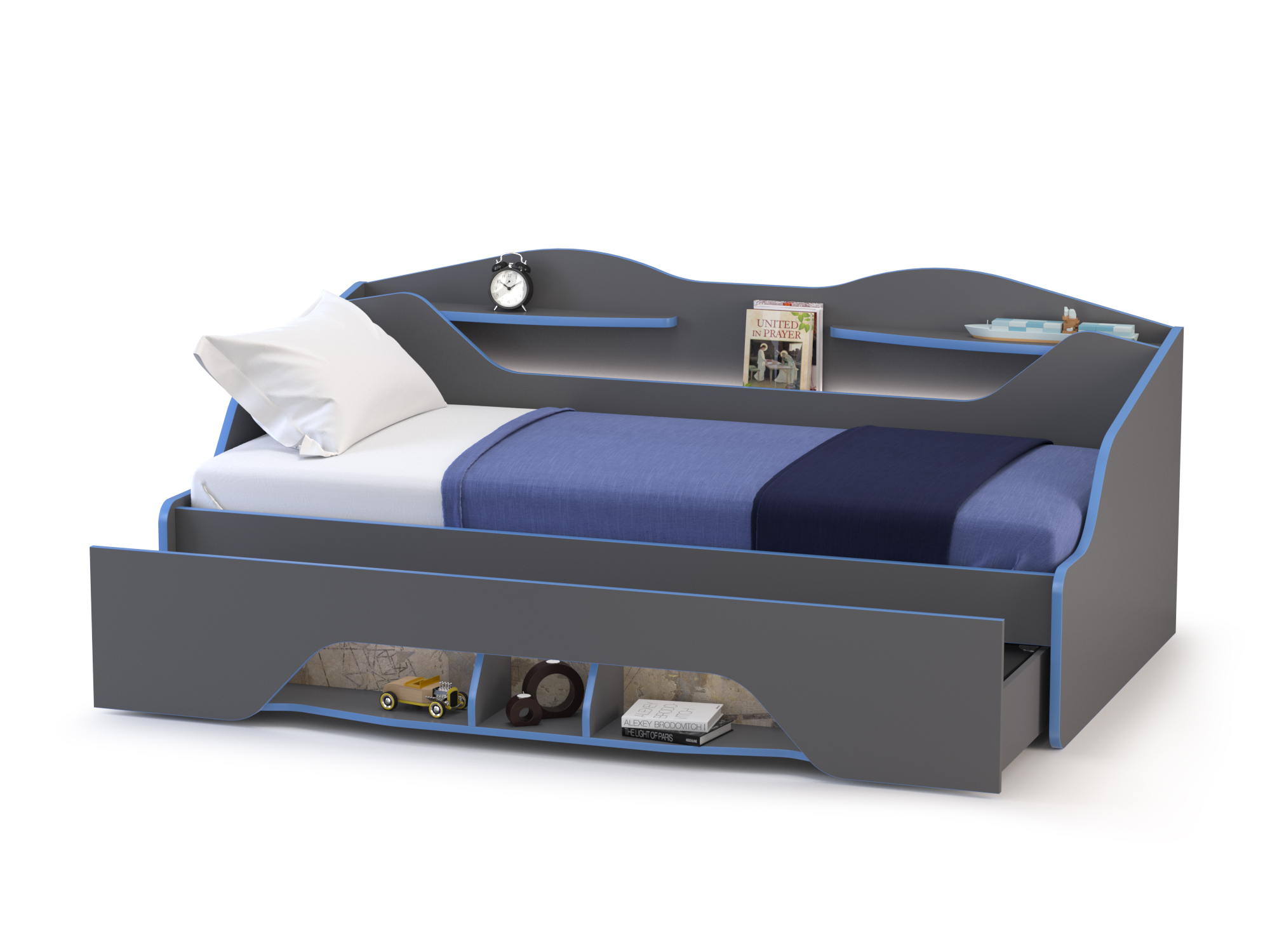 Индиго 11.03 Кровать 90 с выдвижным ящиком тёмно серый/граффити