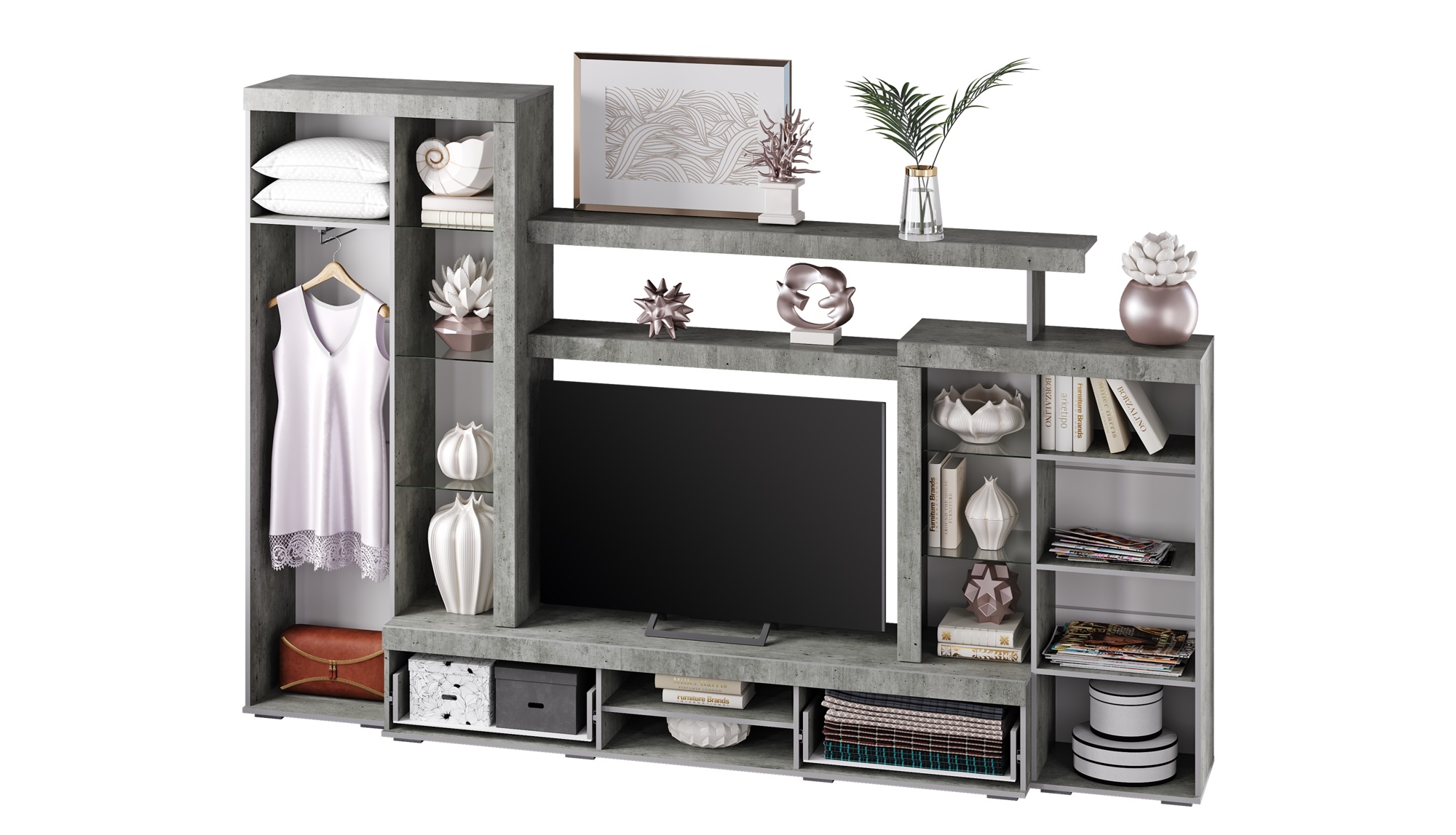 Стенка в гостиную Инстайл ЦС-02, бетон/белый