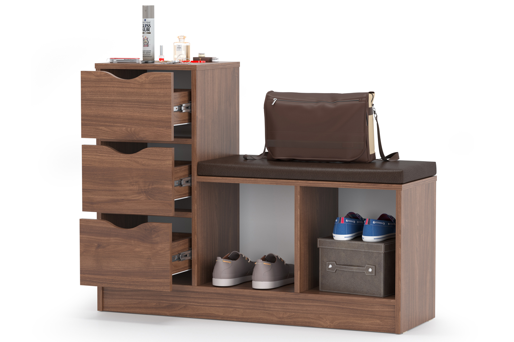 Лайт 10.84 Тумба для обуви орех селект каминный/коричневая экокожа