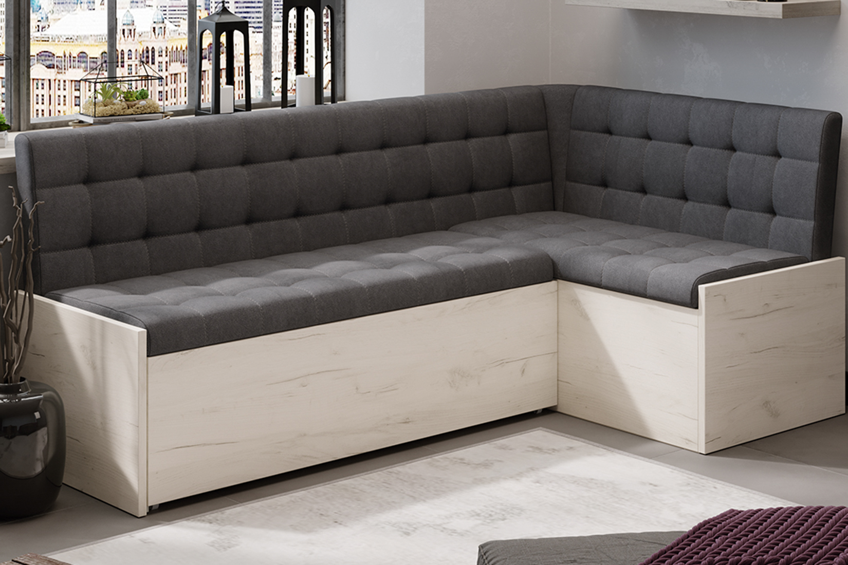 Форест Скамья угловая со спальным местом (Дуб крафт белый/Велюр серый)