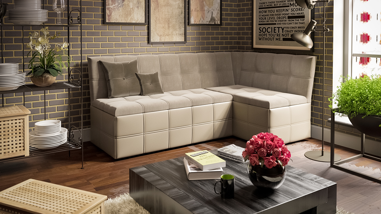 Скамья угловая «Домино» со спальным местом исп. 2 Велюр Мокко светлый/Кожзам Светло-коричневый