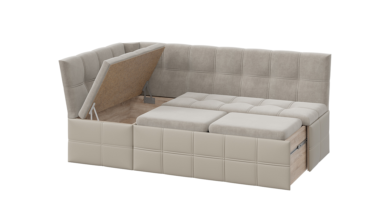 Скамья угловая «Домино» со спальным местом исп. 2 Велюр Мокко светлый/Кожзам Светло-коричневый