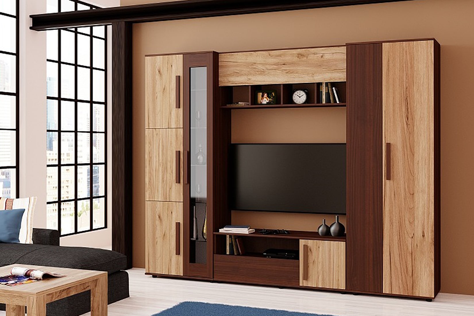 Крафт Стенка 1 Дуб крафт табачный/Орех вирджиния