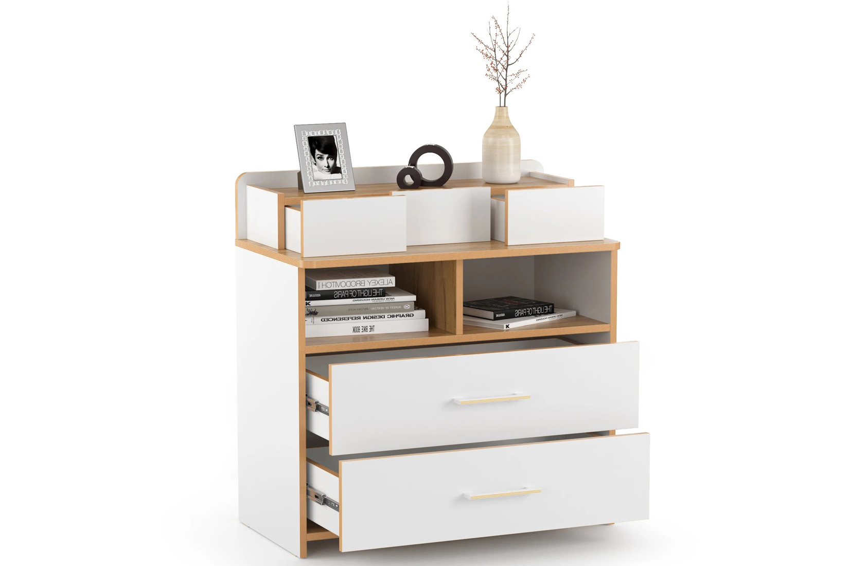 Вуди Комод с открытой полкой 13.293 с полкой Белый премиум/Дуб крафт золотой