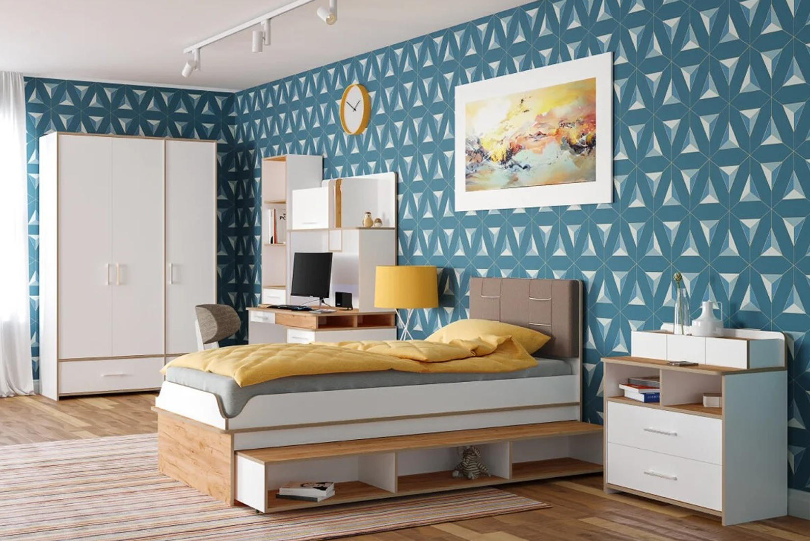 Вуди Комод с открытой полкой 13.293 с полкой Белый премиум/Дуб крафт золотой