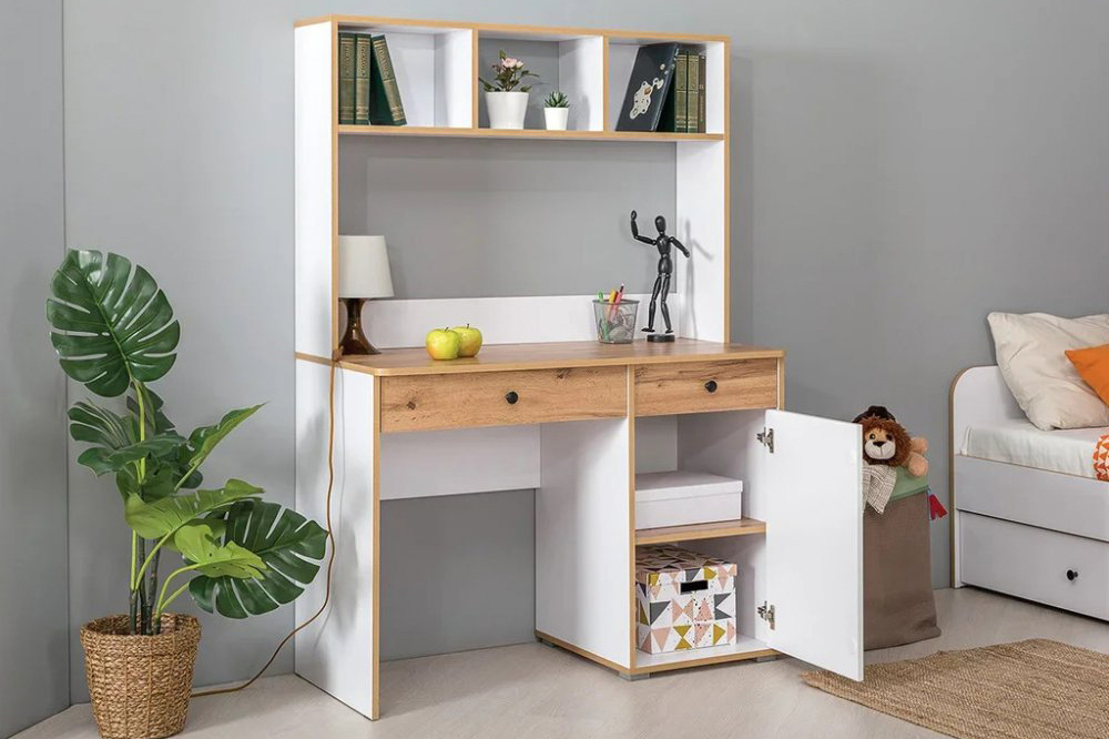 Вуди Письменный стол с надстройкой Белый премиум/Дуб крафт золотой