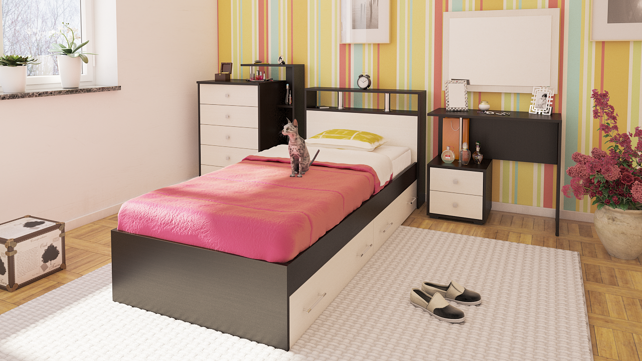 Камелия Кровать 90 с ящиками Венге/Дуб лоредо