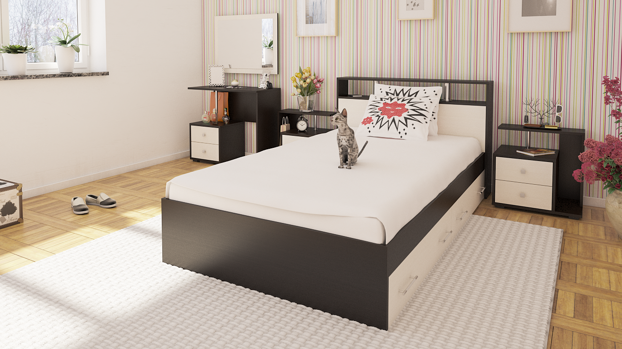 Камелия Кровать 120 с ящиками Венге/Дуб лоредо