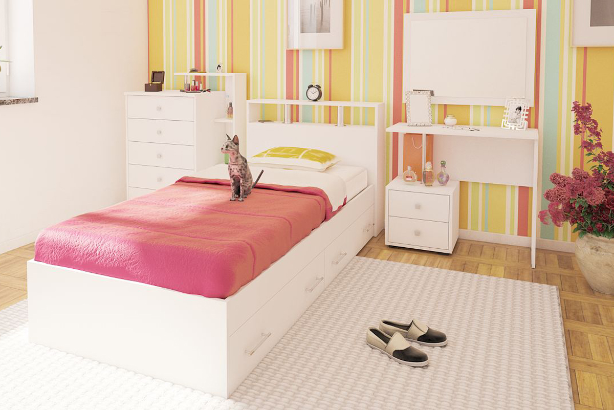 Камелия Кровать 90 с ящиками Белый