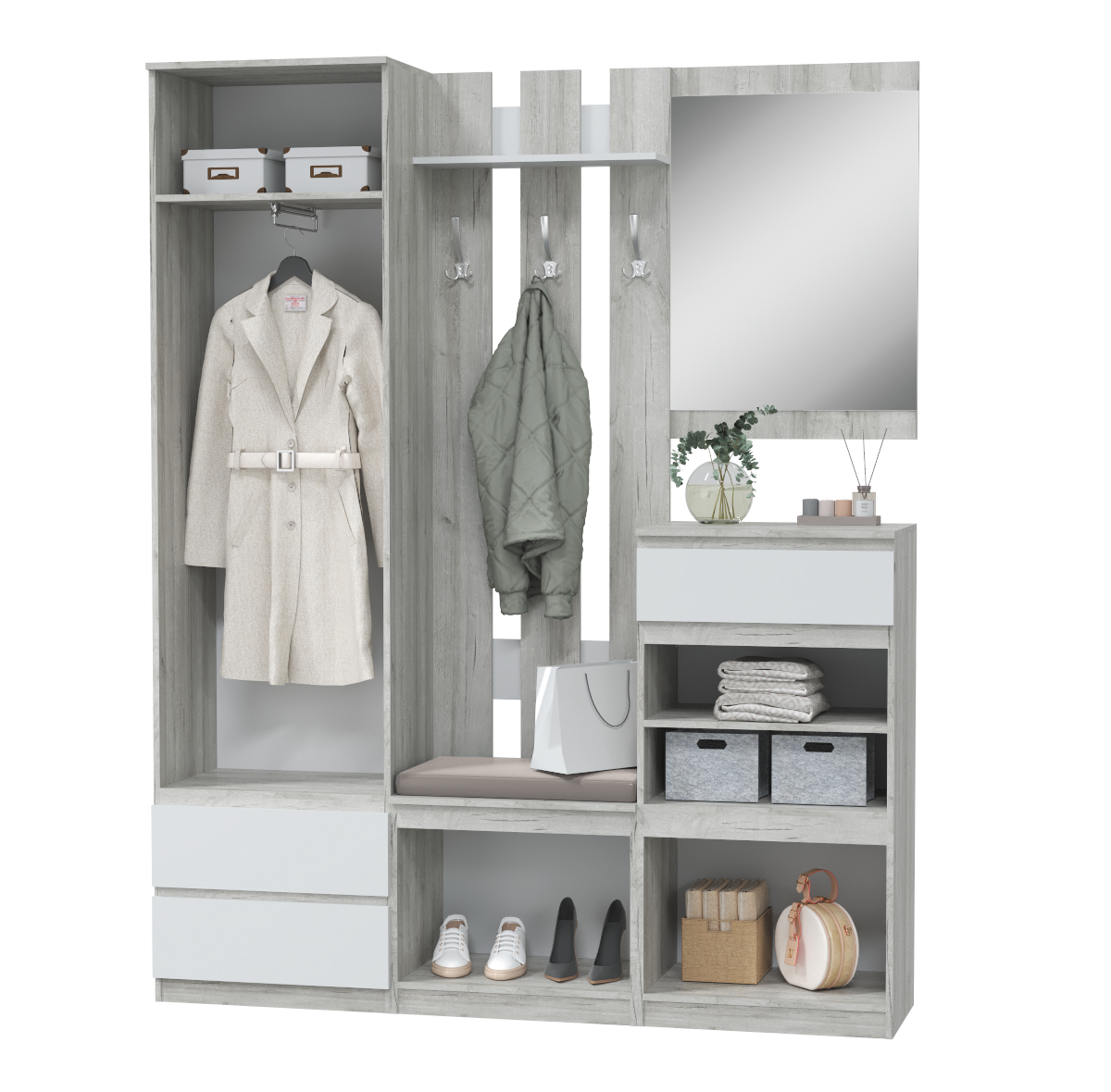 Лори Прихожая Дуб крафт серый/Белый