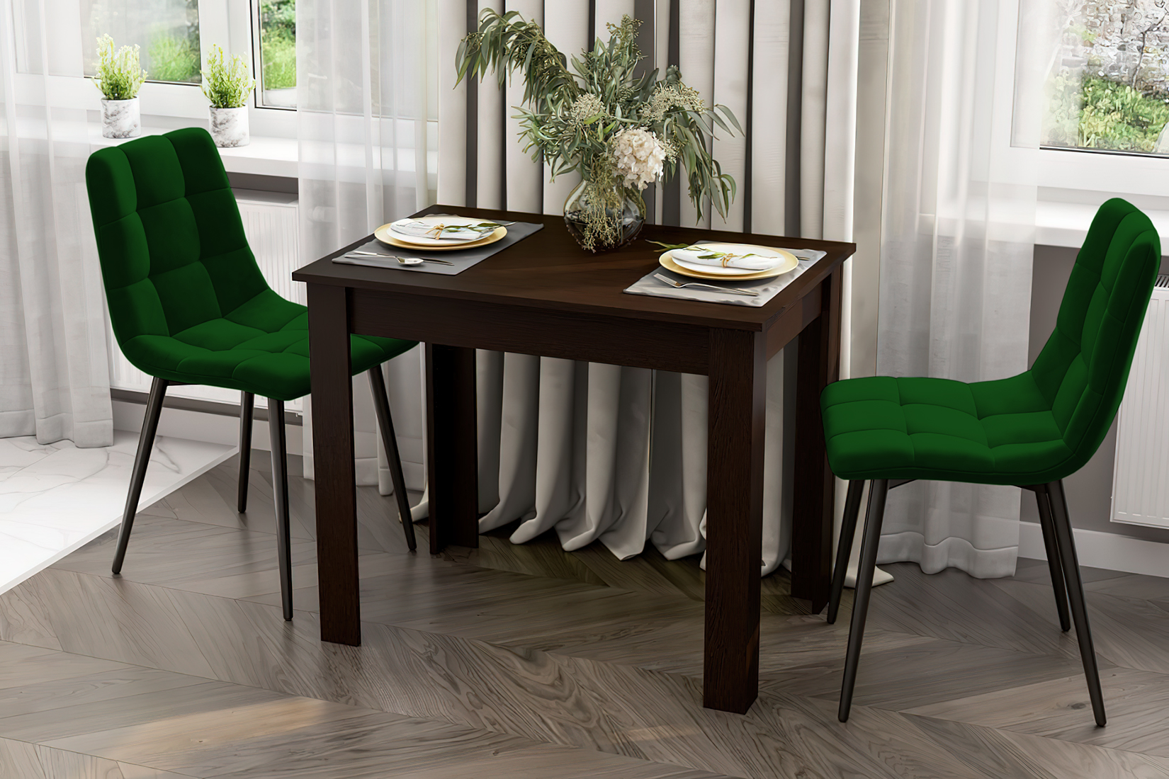 СО 1 / Chic Velvet Стол + 2 стула венге/зеленый