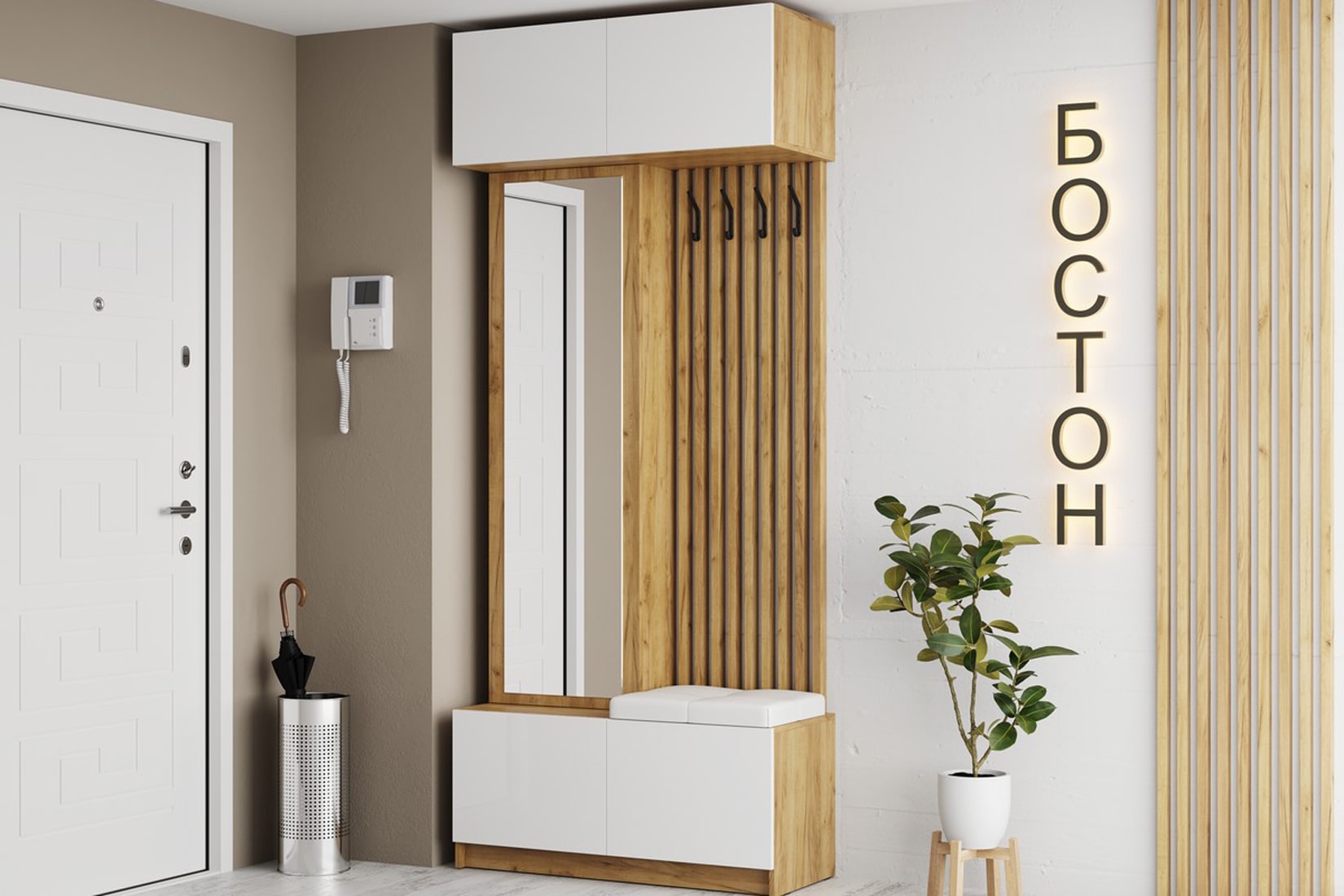 Бостон Прихожая Дуб крафт золотой/Белый глянец/Белый кожзам- Ecotex 3002